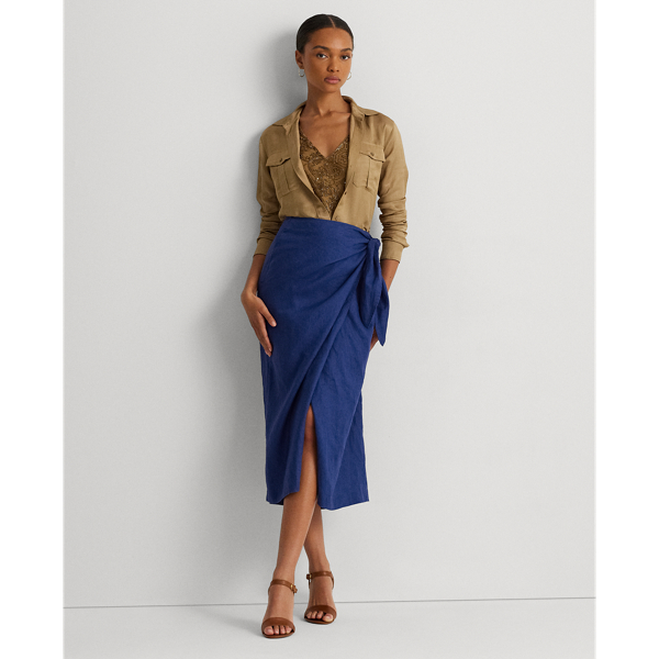 Indigo Sail Linen Wrap Midi Skirt Lauren 1