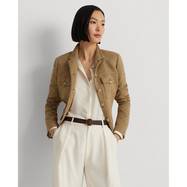 Brown/Tan Linen-Blend Herringbone Jacket Lauren 1