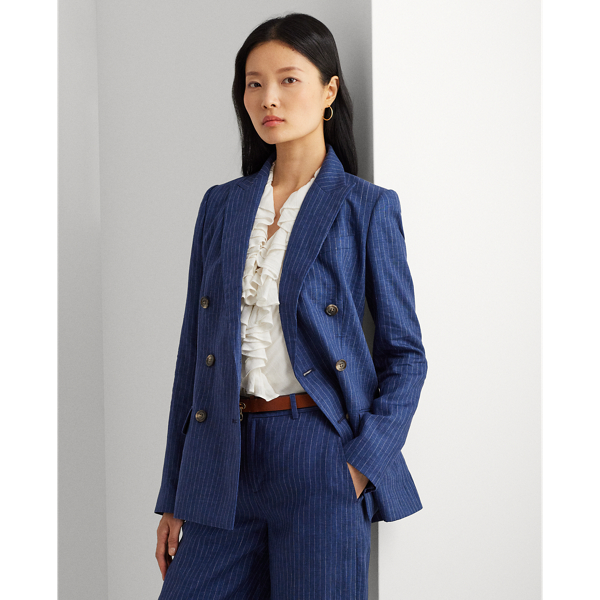 Blue/White Pinstripe Double-Breasted Linen Blazer Lauren 1