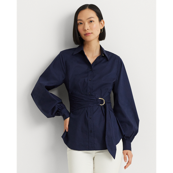 Refined Navy Tie-Front Cotton-Blend Shirt Lauren 1