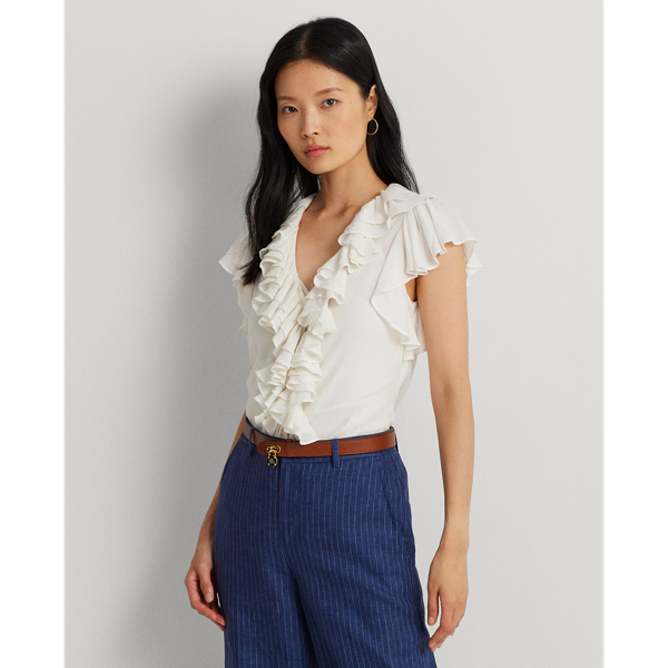 Mascarpone Cream Ruffle-Trim Gauze Flutter-Sleeve Shirt Lauren 1