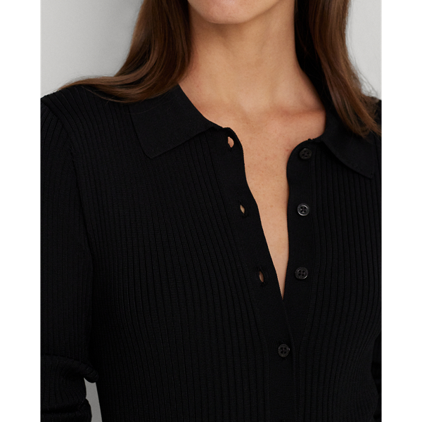 Black Rib-Knit Long-Sleeve Polo Cardigan Lauren 6