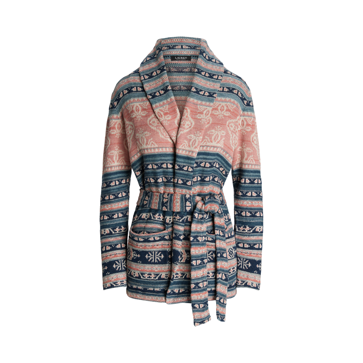 Geo-Motif Belted Linen-Cotton Cardigan