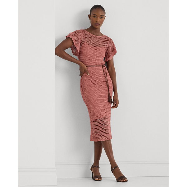 Pink Mahogany Belted Linen-Blend Pointelle-Knit Dress Lauren 1