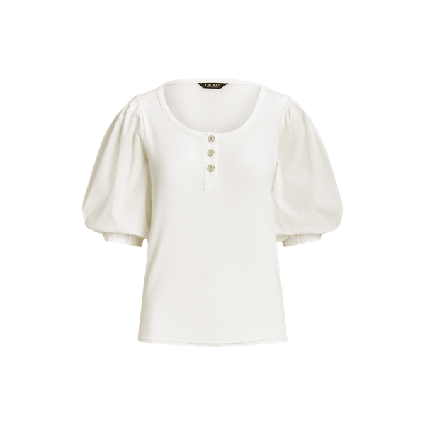 Stretch Cotton Puff-Sleeve Henley Tee Lauren 1