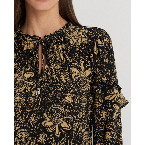Floral Ruffle-Trim Jersey Tie-Neck Top