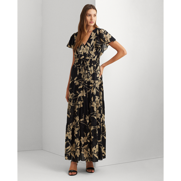 Black/Tan Floral Cotton Voile Tiered Maxidress Lauren 1