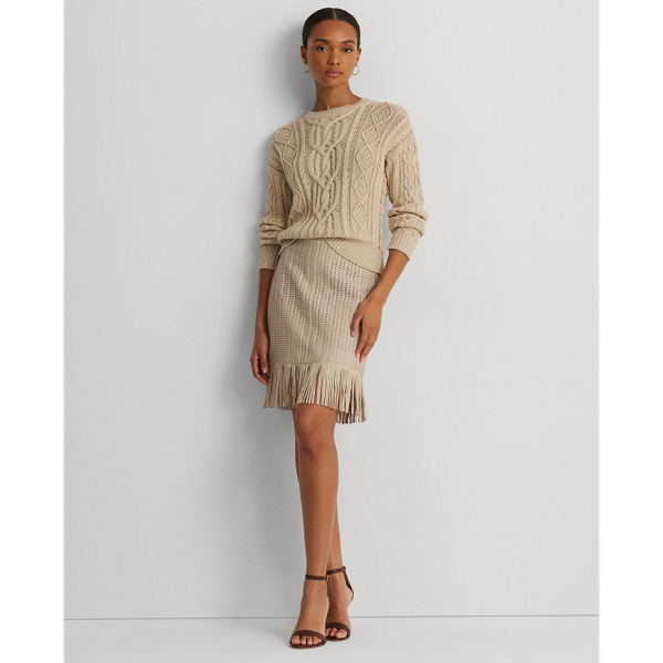 Explorer Sand Fringe-Trim Woven Leather Pencil Skirt Lauren 1