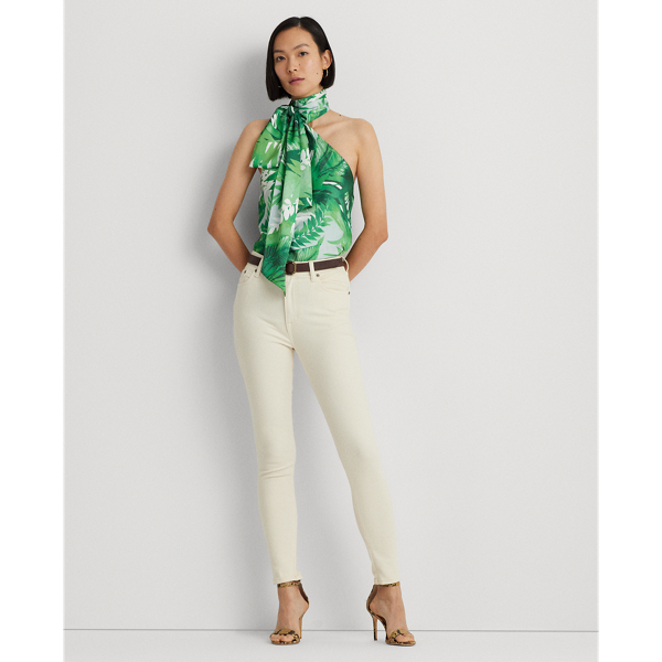 Green Multi Print Charmeuse Tie-Neck Halter Blouse Lauren Petite 4