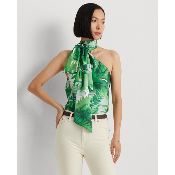 Green Multi Print Charmeuse Tie-Neck Halter Blouse Lauren Petite 1