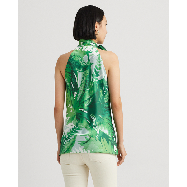 Green Multi Print Charmeuse Tie-Neck Halter Blouse Lauren Petite 5