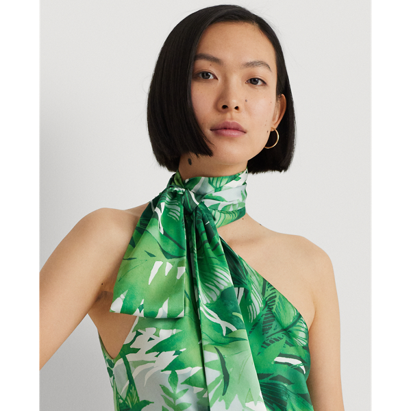 Green Multi Print Charmeuse Tie-Neck Halter Blouse Lauren Petite 6