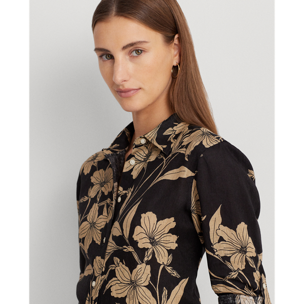 Black/Tan Floral Linen Shirt Lauren Petite 6