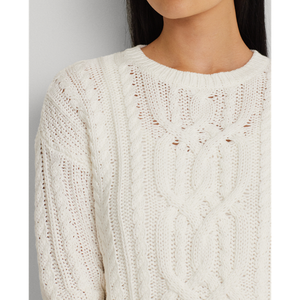 White Cable-Knit Cotton Crewneck Sweater Lauren Petite 6