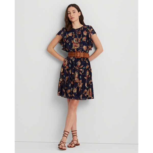 Floral Crinkle Georgette Tie-Neck Dress