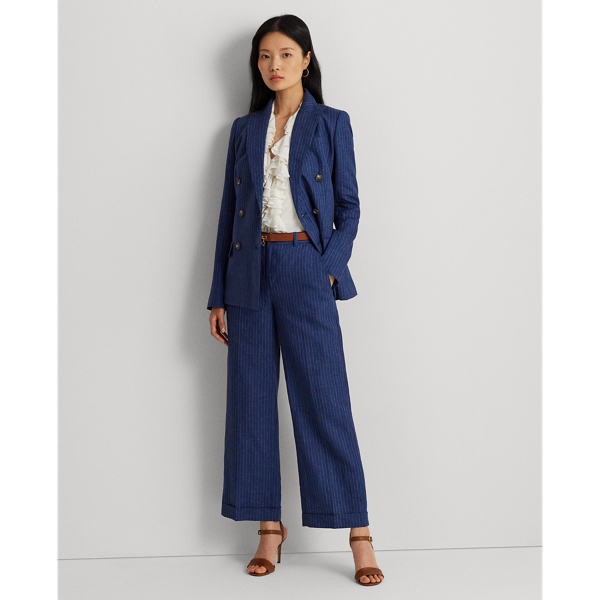 Blue/White Pinstripe Double-Breasted Linen Blazer Lauren Petite 4
