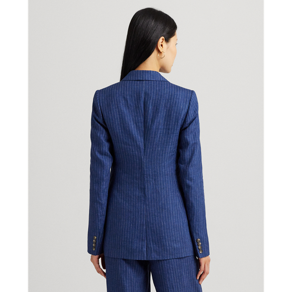 Blue/White Pinstripe Double-Breasted Linen Blazer Lauren Petite 5