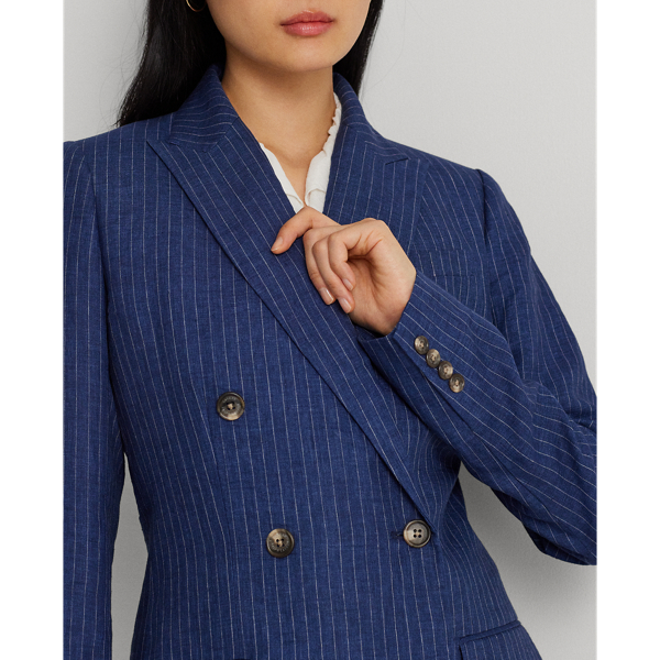 Blue/White Pinstripe Double-Breasted Linen Blazer Lauren Petite 6