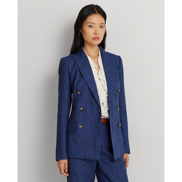 Blue/White Pinstripe Double-Breasted Linen Blazer Lauren Petite 7