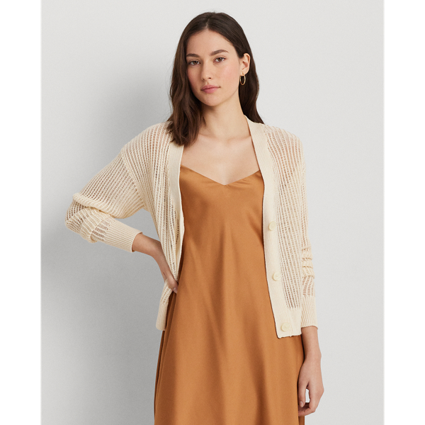 Mascarpone Cream Linen-Blend Rib-Knit Cropped Cardigan Lauren Petite 1