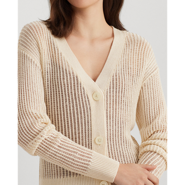 Mascarpone Cream Linen-Blend Rib-Knit Cropped Cardigan Lauren Petite 6