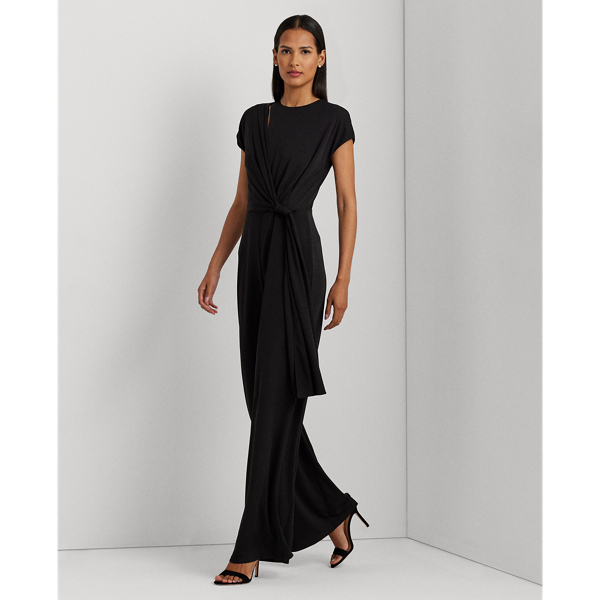 Black Tie-Front Jersey Wide-Leg Jumpsuit Lauren Petite 1