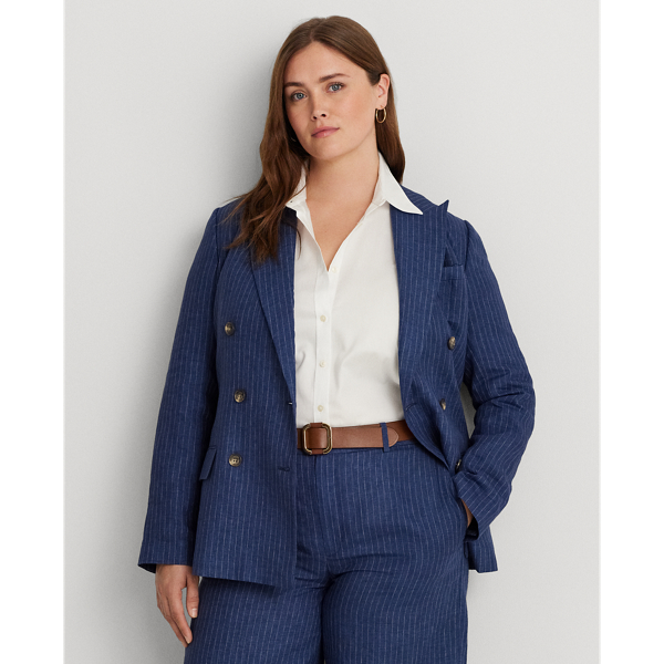 Blue/White Pinstripe Double-Breasted Linen Blazer Lauren Woman 1