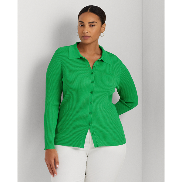 Green Topaz Rib-Knit Long-Sleeve Polo Cardigan Lauren Woman 1