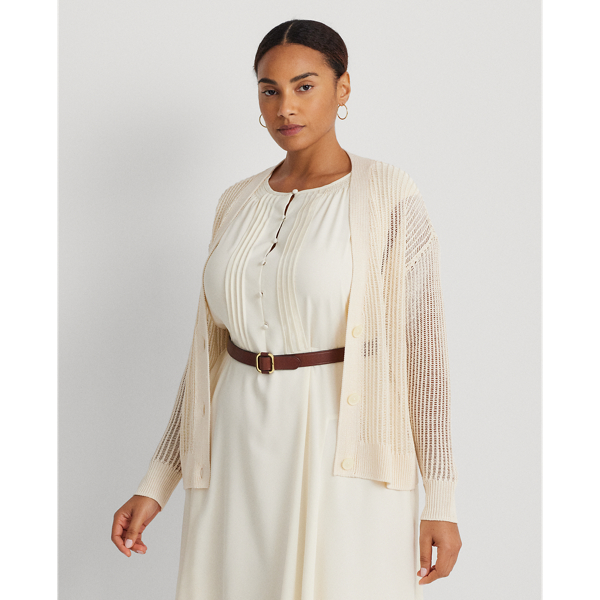 Mascarpone Cream Linen-Blend Rib-Knit Cropped Cardigan Lauren Woman 1