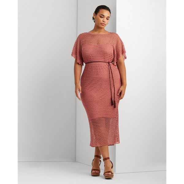 Pink Mahogany Belted Linen-Blend Pointelle-Knit Dress Lauren Woman 1