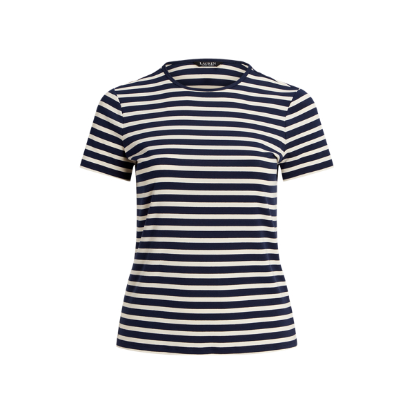 Striped Stretch Cotton Crewneck Tee Lauren Woman 1