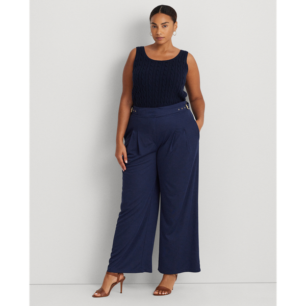 Refined Navy Pleated Stretch Jersey Wide-Leg Pant Lauren Woman 1