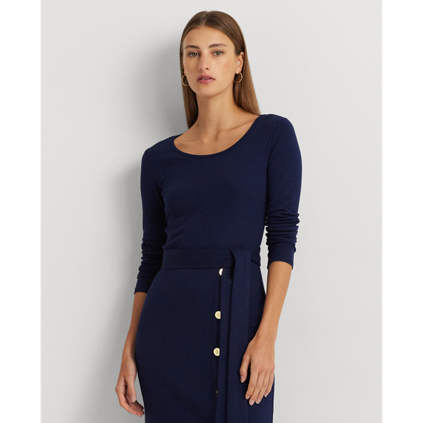 Refined Navy Belted Rib-Knit Dress Lauren 4