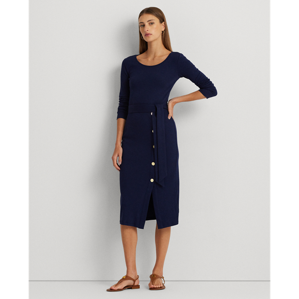 Refined Navy Belted Rib-Knit Dress Lauren 1