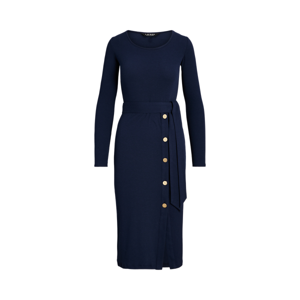 Refined Navy Belted Rib-Knit Dress Lauren Petite 2
