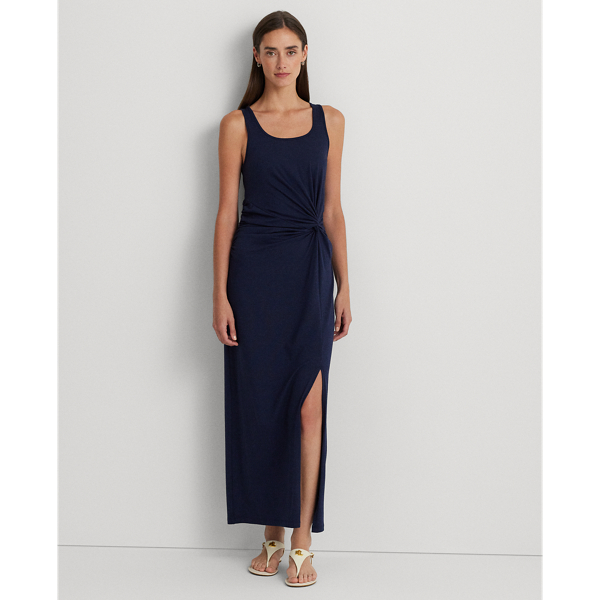 Refined Navy Twist-Front Jersey Sleeveless Dress Lauren Petite 4