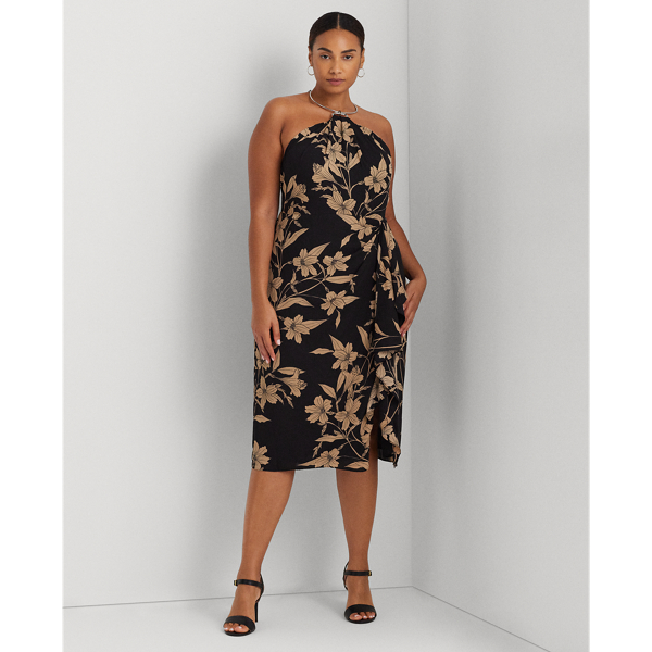 Black/Tan Floral Georgette Halter Dress Lauren Woman 1