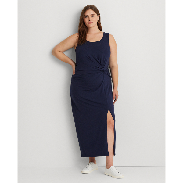 Refined Navy Twist-Front Jersey Sleeveless Dress Lauren Woman 1