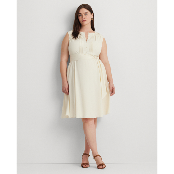 Mascarpone Cream Belted Crepe Cap-Sleeve Dress Lauren Woman 1