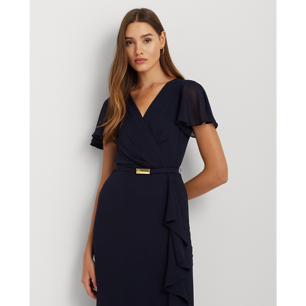Belted Georgette Flutter-Sleeve Gown
