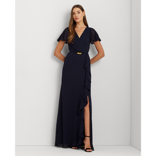 Belted Georgette Flutter-Sleeve Gown