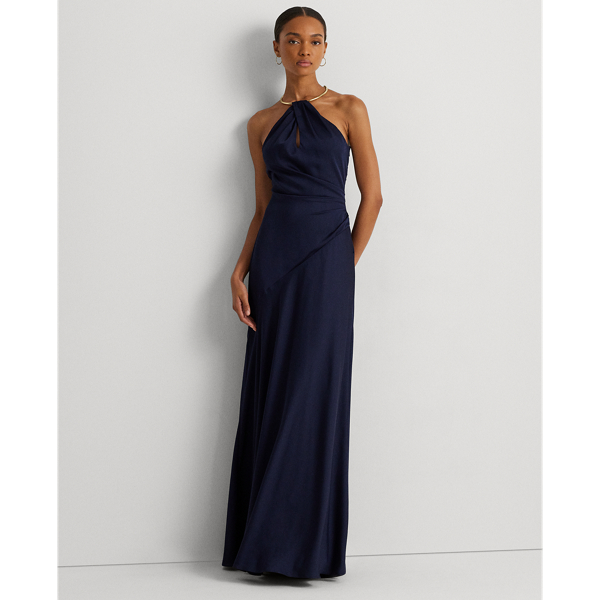 Refined Navy Satin Charmeuse Halter Gown Lauren 1