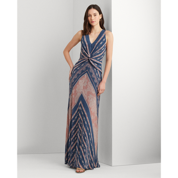 Blue/Pink/Cream Print Twist-Front Georgette Gown Lauren 1