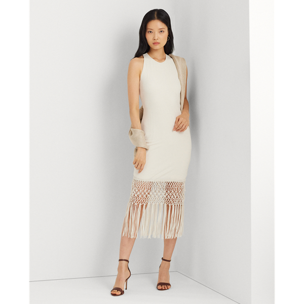 Mascarpone Cream Fringe-Trim Sleeveless Cocktail Dress Lauren 1