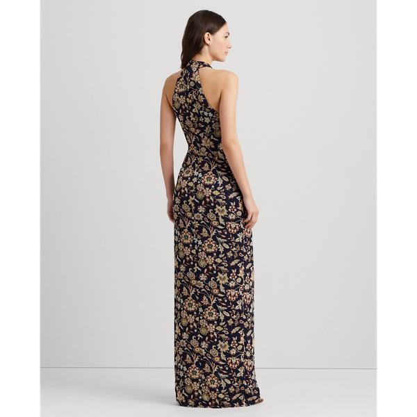 Floral Ruffle-Trim Georgette Halter Gown