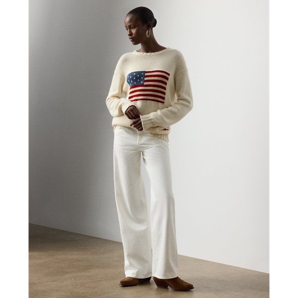 Pull col rond &agrave; drapeau en cachemire Ralph Lauren Collection en Lux Cream W/ Flag 4
