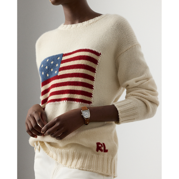 Pull col rond &agrave; drapeau en cachemire Ralph Lauren Collection en Lux Cream W/ Flag 6