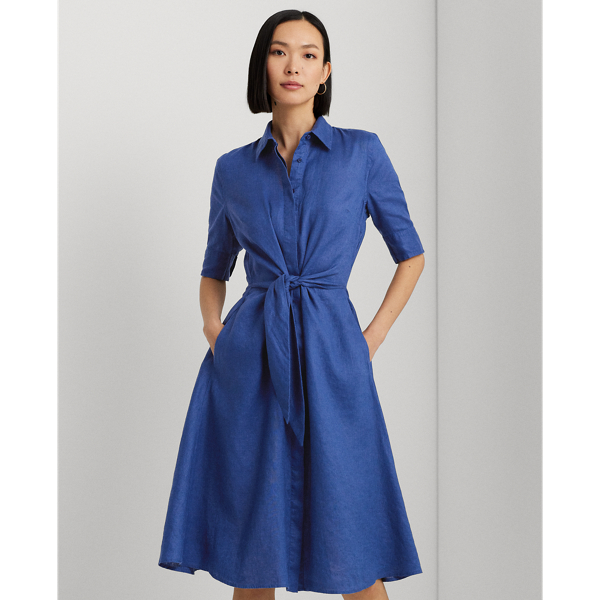 Indigo Pelayaran Gaun Kemeja Linen Ikat Depan Lauren 4