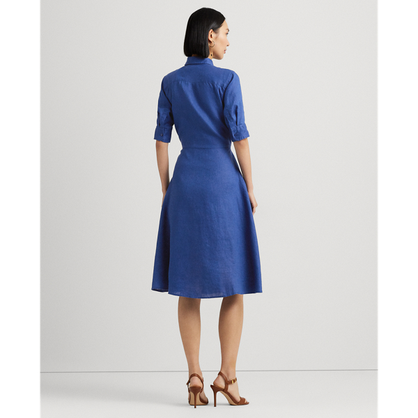 Indigo Pelayaran Gaun Kemeja Linen Ikat Depan Lauren 5