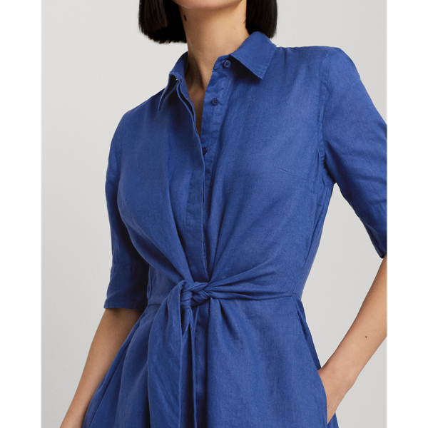 Indigo Pelayaran Gaun Kemeja Linen Ikat Depan Lauren 6